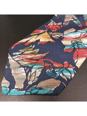 J.T. Beckett Men's Silk Neck Tie W:3.5" by L:56" Navy Blue Tropical Flowers
